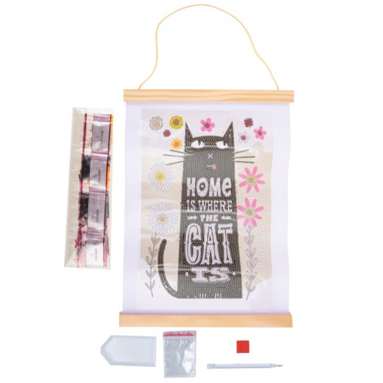 "Cat At Home" Mini Crystal Art Scroll Kit Content