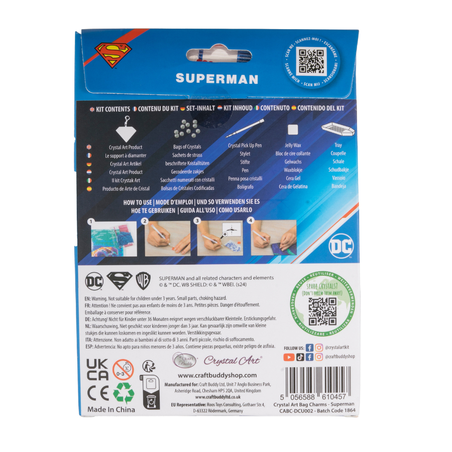 "Superman" Crystal Art Backpack Charm Kit DC Back Packaging