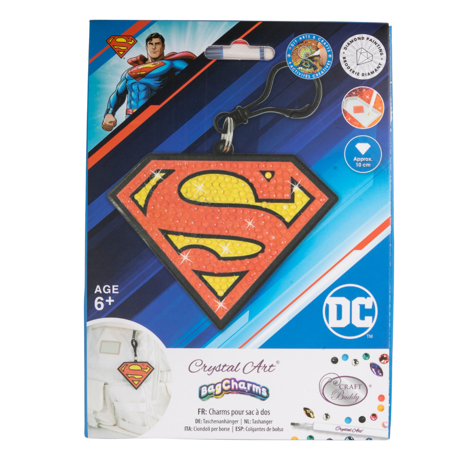 "Superman" Crystal Art Backpack Charm Kit DC Front Packaging