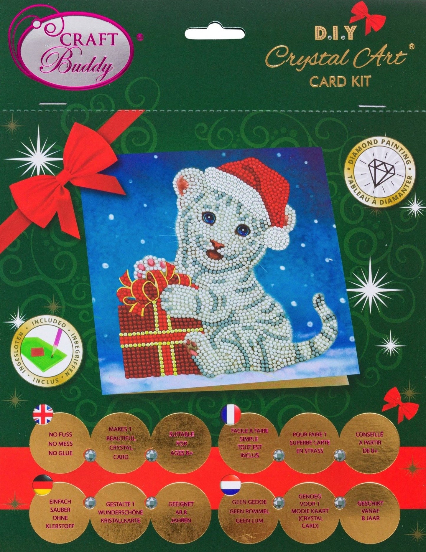 CCK-XM57: "Christmas White Tiger", 18x18cm Crystal Art Card
