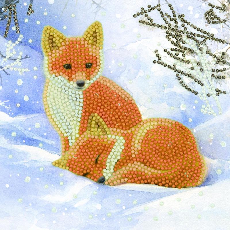 CCK-XM96: Snowy Fox Cubs, 18x18cm Crystal Art Card