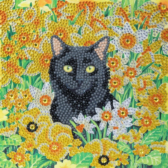 CCK-A103: "Cat Amongst the Flowers" 18x18cm Crystal Art Card