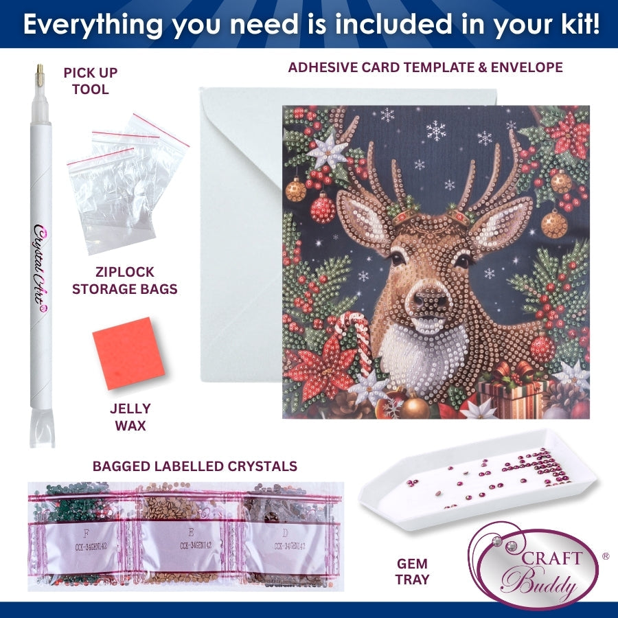 Festive Reindeer Crystal Art Card Kit 18x18cm