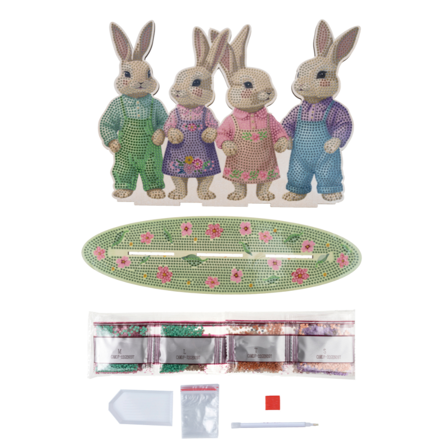 Happy Bunny Family Crystal Art Wooden Decoration