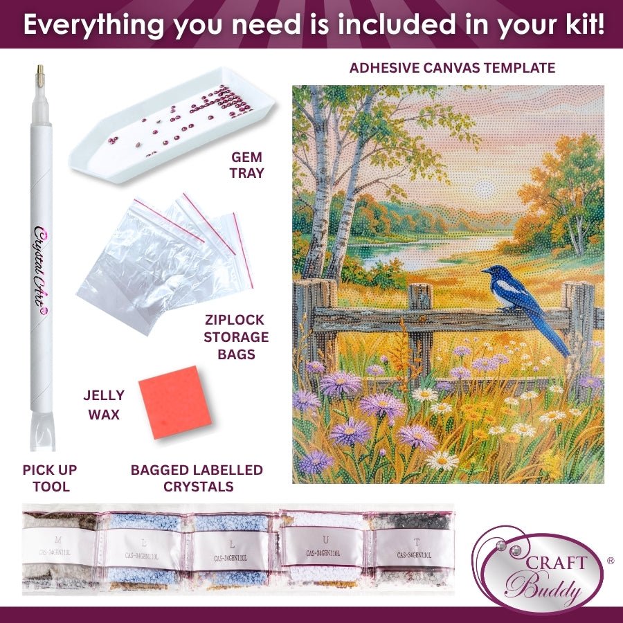Landscape and Magpie Crystal Art Canvas Kit 40x50cm