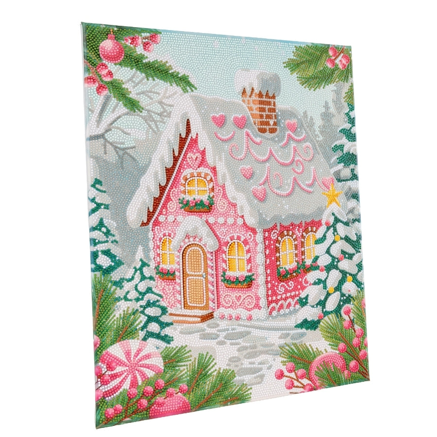 Pink Christmas Cottage Crystal Art Canvas Kit 40x50cm