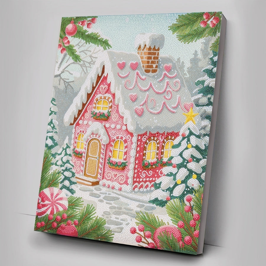 Pink Christmas Cottage Crystal Art Canvas Kit 40x50cm