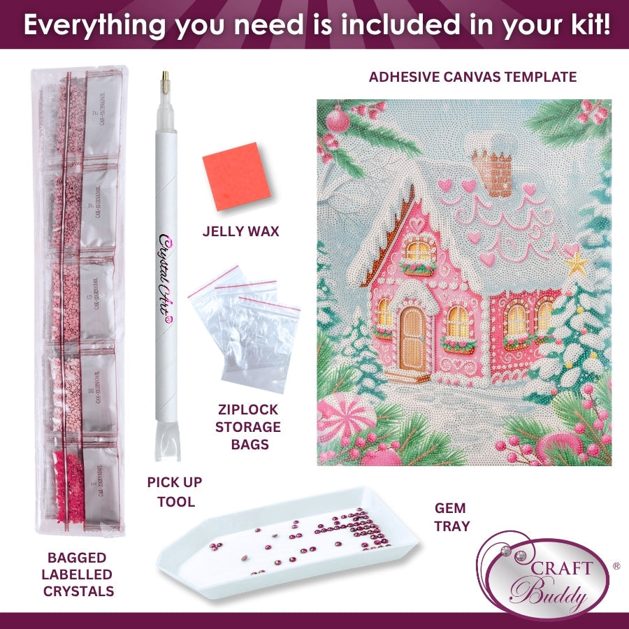 Pink Christmas Cottage Crystal Art Canvas Kit 40x50cm