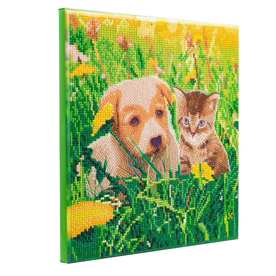 Puppy & Kitten In Dandelion Field Crystal Art Canvas Kit 30x30cm