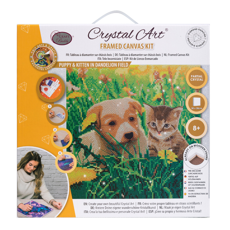 Puppy & Kitten In Dandelion Field Crystal Art Canvas Kit 30x30cm