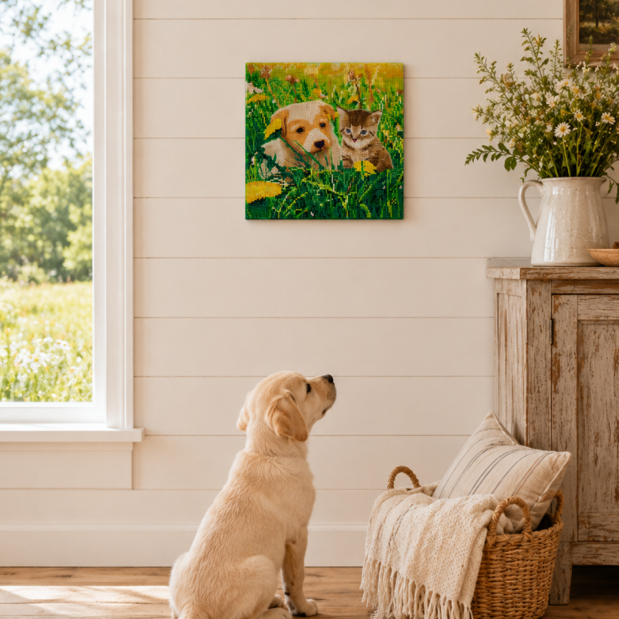Puppy & Kitten In Dandelion Field Crystal Art Canvas Kit 30x30cm