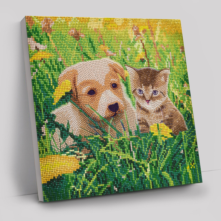 Puppy & Kitten In Dandelion Field Crystal Art Canvas Kit 30x30cm