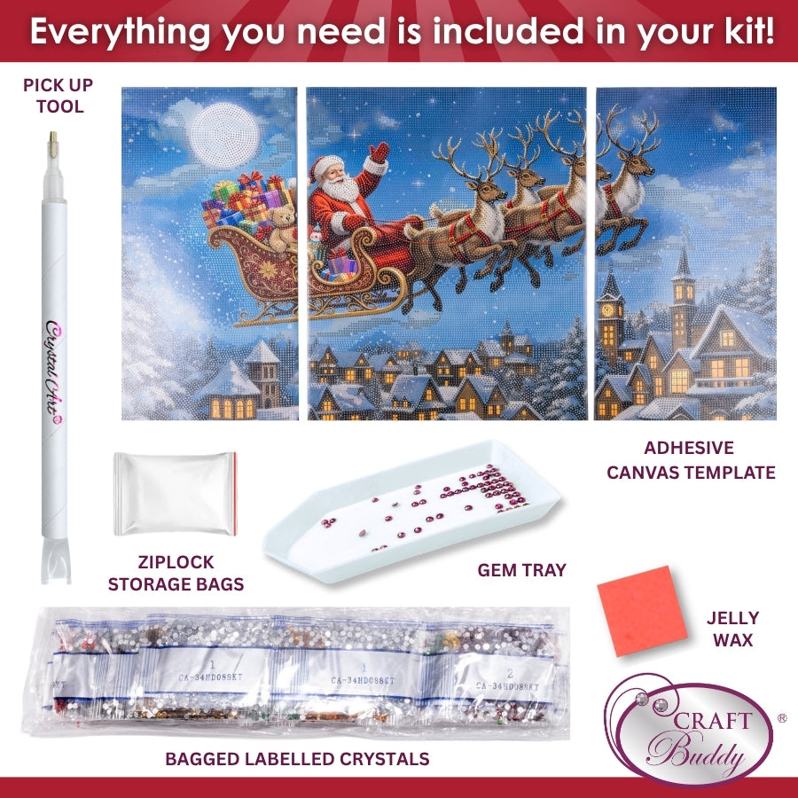 Santa's Flight Crystal Art Canvas Triptych Kit