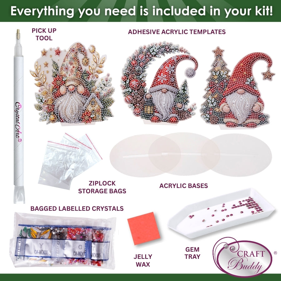Winter Whimsical Gnomes Crystal Art Decoration Kit Set of 3