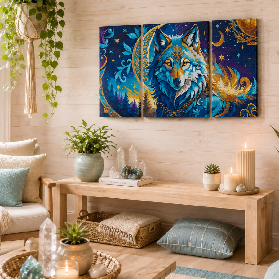 Wolf Moon Magic Crystal Art Canvas Triptych Kit