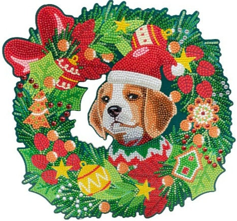 Christmas Dog 30cm Crystal Art Wreath - Front Close View