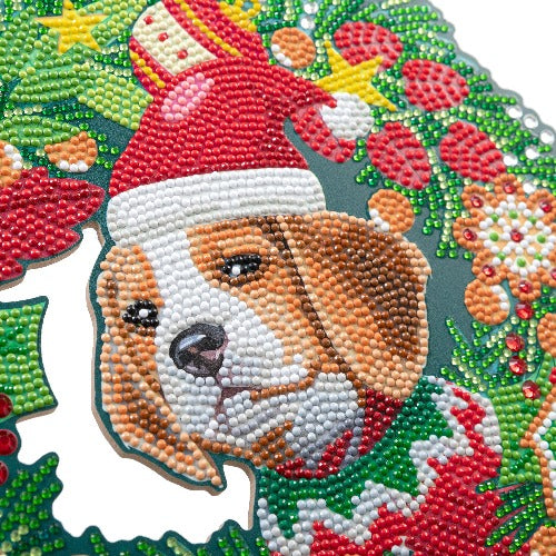 Christmas Dog 30cm Crystal Art Wreath - Complete Close Up