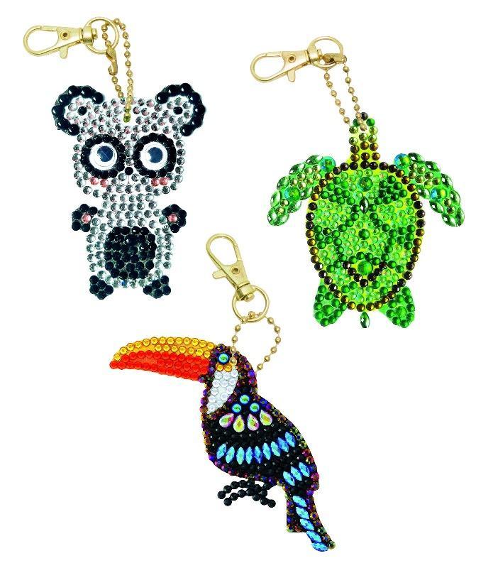 CAKC-A1: CRYSTAL ART KEYRING KIT - SET OF 3 KEYRINGS - EXOTIC ANIMALS. In Colour Box