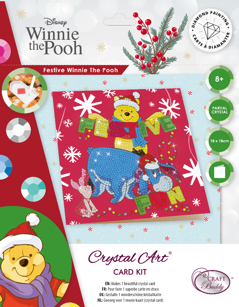 CCK-DNY808: Festive Winnie the Pooh, 18x18cm Crystal Art Card