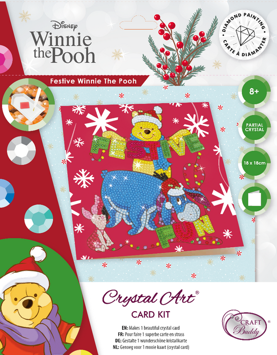 CCK-DNY808: Festive Winnie the Pooh, 18x18cm Crystal Art Card