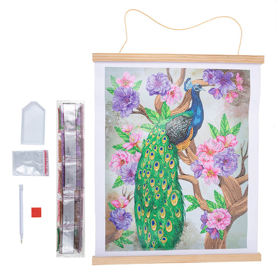 Peacock peony crystal art scroll kit 35x45cm contents