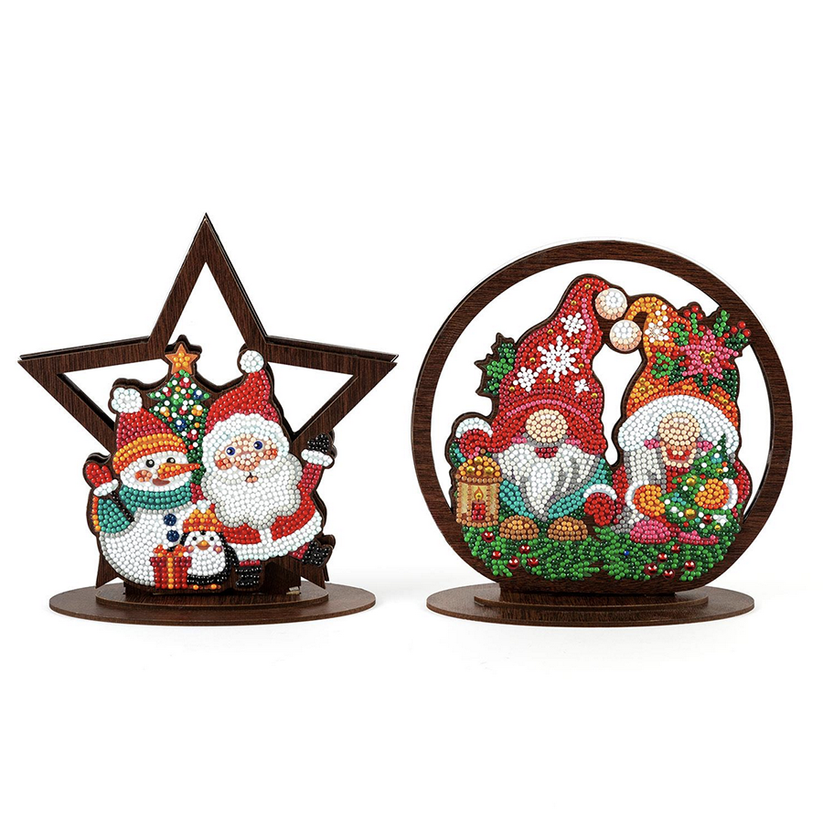 Santa's family and gnomes crystal art mdf home ornaments set of 2